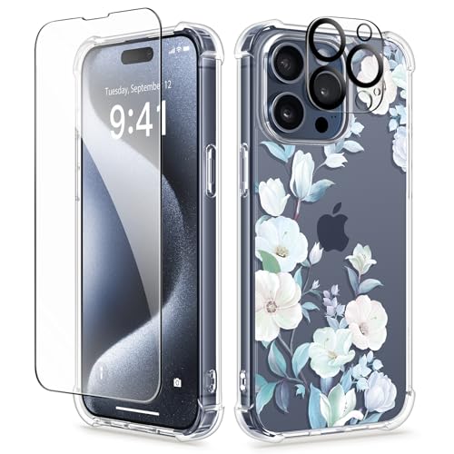 GVIEWIN Kompatibel mit iPhone 15 Pro Hülle 6,1" 2023, mit Schutzfolie + Kameraschutz, [Militärischer Schutz] Anti-Gelb Blume Klar PC Dünn Stoßfest Kratzfest Handyhülle, Hibiskus von GVIEWIN