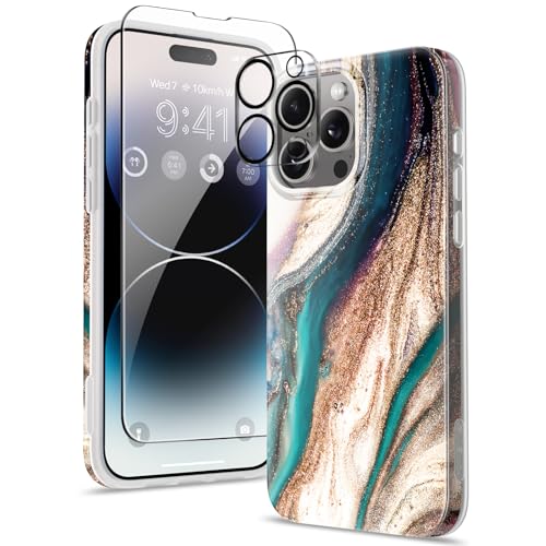 GVIEWIN Kompatibel mit iPhone 15 Pro Hülle 6,1" 2023, mit Schutzfolie + Kameraschutz,[Militärischer Schutz] Anti-Gelb Glitzer Marmor TPU Dünn Stoßfest Kratzfest Schutzhülle Handyhülle, Driftsand/Braun von GVIEWIN