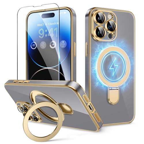 GVIEWIN Kompatibel mit iPhone 15 Pro Max Hülle mit Magnetischer unsichtbarer Ständer 6,7" 2023,[kompatibel mit MagSafe] [mit Schutzfolie][Militärischer Schutz] Stoßfest Kratzfest Handyhülle, Grau von GVIEWIN