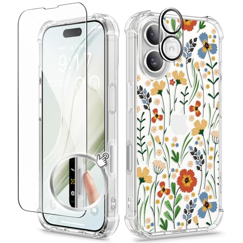 GVIEWIN Kompatibel mit iPhone 16 Hülle,[Kamerasteuerung Button]mit Display& Kameraschutz,Stoßfest Fallschutz Kratzfest Klar Nicht gelb Blumen Dünn Handyhülle für Frauen,Blühende Blumen/Orange von GVIEWIN