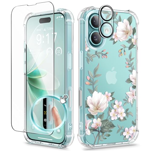 GVIEWIN Kompatibel mit iPhone 16 Hülle,[Kamerasteuerung Button]mit Display& Kameraschutz,Stoßfest Fallschutz Kratzfest Klar Nicht gelb Blumen Dünn Handyhülle für Frauen,Magnolie/Weiß von GVIEWIN