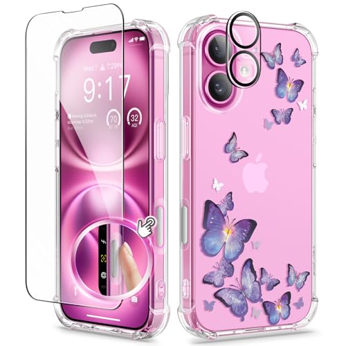 GVIEWIN Kompatibel mit iPhone 16 Hülle,[Kamerasteuerung Button]mit Display& Kameraschutz,Stoßfest Fallschutz Kratzfest Klar Nicht gelb Blumen Dünn Handyhülle für Frauen,Verführerischer Schmetterling von GVIEWIN