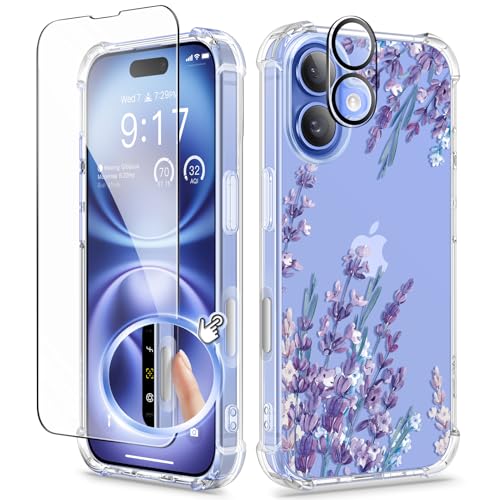 GVIEWIN Kompatibel mit iPhone 16 Hülle 6,1" 2024,mit Schutzfolie & Kameraschutz,Stoßfest Fallschutz Kratzfest Klar Nie Vergilbung Blumen Dünn Handyhülle für Frauen (Helles Lavendel) von GVIEWIN