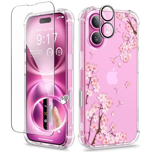 GVIEWIN Kompatibel mit iPhone 16 Plus Hülle 6,7" 2024,mit Schutzfolie & Kameraschutz,Stoßfest Fallschutz Kratzfest Klar Anti-Gelb Blumen Dünn Handyhülle für Frauen, Sakura/Pink von GVIEWIN