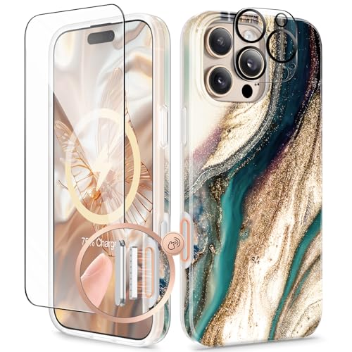 GVIEWIN Kompatibel mit iPhone 16 Pro Hülle,[Kompatibel mit MagSafe][Camera Control Button][mit Displayschutz&Kameraschutz], Kratzfeste Fallschutz Magnetisch Marmor Stoßfest Handyhülle, Treibsand von GVIEWIN