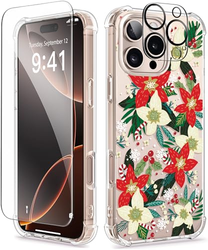 GVIEWIN Kompatibel mit iPhone 16 Pro Hülle 6,3" 2024,mit Schutzfolie+Kameraschutz,Stoßfest Fallschutz Kratzfest Klar Nie Vergilbung Blumen Dünn Handyhülle für Frauen, Weihnachtsstern/Grün GVIEWIN Kompatibel mit iPhone 16 Pro Hülle 6,3" 2024,mit Schutzfolie+Kameraschutz,Stoßfest Fallschutz Kratzfest Klar Nie Vergilbung Blumen Dünn Handyhülle für Frauen, Weihnachtsstern/Grün von GVIEWIN