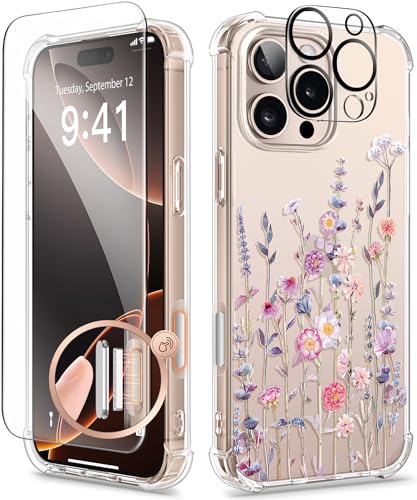 GVIEWIN Kompatibel mit iPhone 16 Pro Hülle,[Kamerasteuerung Button]mit Display+Kameraschutz,Stoßfest Fallschutz Kratzfest Klar Nicht gelb Blumen Dünn Handyhülle,Floratopia/Bunt von GVIEWIN