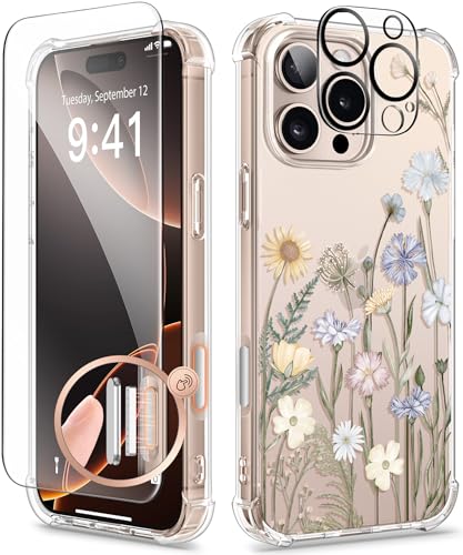 GVIEWIN Kompatibel mit iPhone 16 Pro Hülle,[Kamerasteuerung Button]mit Display+Kameraschutz,Stoßfest Fallschutz Kratzfest Klar Nicht gelb Blumen Dünn Handyhülle,Lebendiger Frühling von GVIEWIN