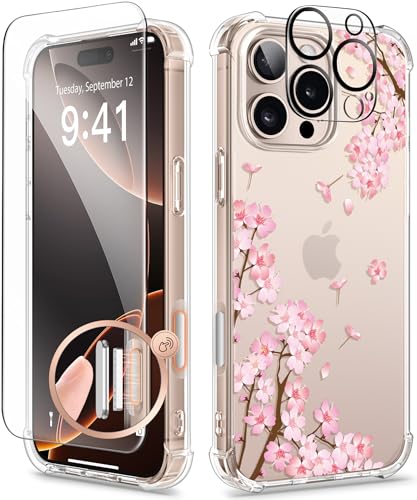 GVIEWIN Kompatibel mit iPhone 16 Pro Hülle,[Kamerasteuerung Button]mit Display+Kameraschutz,Stoßfest Fallschutz Kratzfest Klar Nicht gelb Blumen Dünn Handyhülle,Sakura/Rosa von GVIEWIN