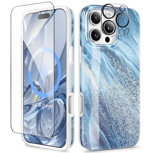 GVIEWIN Kompatibel mit iPhone 16 Pro Max Hülle,[Kompatibel mit MagSafe][mit Displayschutz & Kameraschutz], Militärschutz Kratzfeste Fallschutz Marmor Stoßfest Handyhülle Schutzhülle, Cavansit/Blau von GVIEWIN