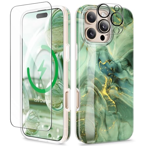 GVIEWIN Kompatibel mit iPhone 16 Pro Max Hülle,[Kompatibel mit MagSafe][mit Displayschutz & Kameraschutz], Militärschutz Kratzfeste Fallschutz Marmor Stoßfest Handyhülle Schutzhülle, Desert Dream/Grün von GVIEWIN