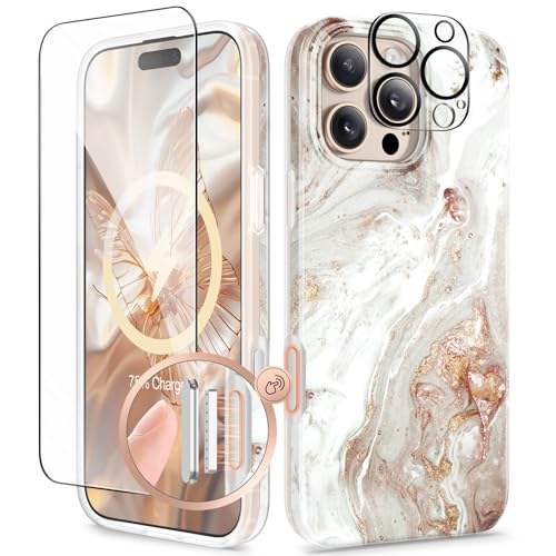 GVIEWIN Kompatibel mit iPhone 16 Pro Max Hülle,[Kompatibel mit MagSafe][mit Displayschutz & Kameraschutz], Militärschutz Kratzfeste Fallschutz Marmor Stoßfest Handyhülle Schutzhülle, Perlglanz/Gold von GVIEWIN