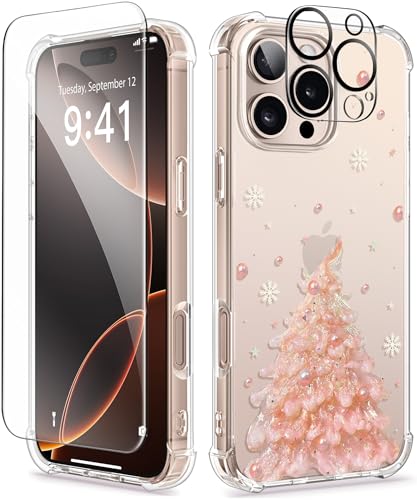 GVIEWIN Kompatibel mit iPhone 16 Pro Hülle 6,3" 2024,mit Schutzfolie+Kameraschutz,Stoßfest Fallschutz Kratzfest Klar Nie Vergilbung Blumen Dünn Handyhülle für Frauen, Pastellbaum/Rosa von GVIEWIN