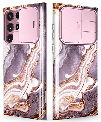 GVIEWIN kompatibel mit Samsung Galaxy S22 Ultra Hülle mit Kameraschutz Schieber [Schützt Ihre Privatsphäre] Militärschutz Marmor Stoßfeste Kratzfeste Schutzhülle für S22 Ultra 6,8" 2022, Burgund/Gold von GVIEWIN