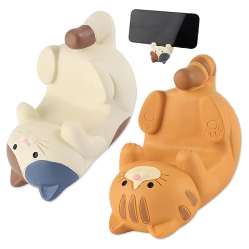 GVMJHYK 2 Pcs Katzen Handy Ständer, Katze Niedlicher Handyhalter, Funny Cat Holder für den Schreibtisch Handys Schreibtisch, Tischdekoration Modellieren Zubehör (Weiß, Orange) von GVMJHYK