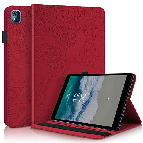 GXLONG Ooboom Hülle für Nokia T10 Tablet, Leben Baum Muster Flip Smart Cover PU Leder Schutzhülle Tasche Brieftasche Wallet Case Ständer mit Kartenfächer Gummiband - Rot von GXLONG