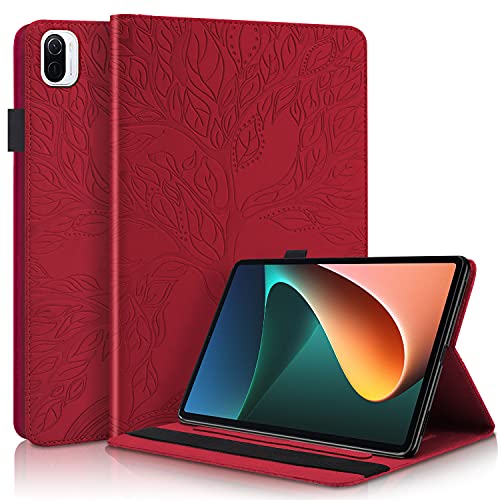 GXLONG Ooboom Hülle für Xiaomi Mi Pad 5/Pad 5 Pro, Leben Baum Muster Flip Smart Cover PU Leder Schutzhülle Tasche Brieftasche Wallet Case Ständer mit Kartenfächer Gummiband - Rot von GXLONG