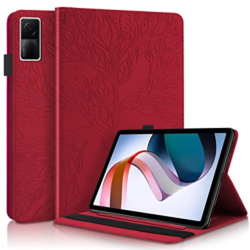 GXLONG Ooboom Hülle für Xiaomi Redmi Pad, Leben Baum Muster Flip Smart Cover PU Leder Schutzhülle Tasche Brieftasche Wallet Case Ständer mit Kartenfächer Gummiband - Rot von GXLONG