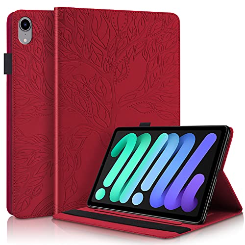 GXLONG Ooboom Hülle für iPad Mini6 2021, Leben Baum Muster Flip Smart Cover PU Leder Schutzhülle Tasche Brieftasche Wallet Case Ständer mit Kartenfächer Gummiband - Rot von GXLONG