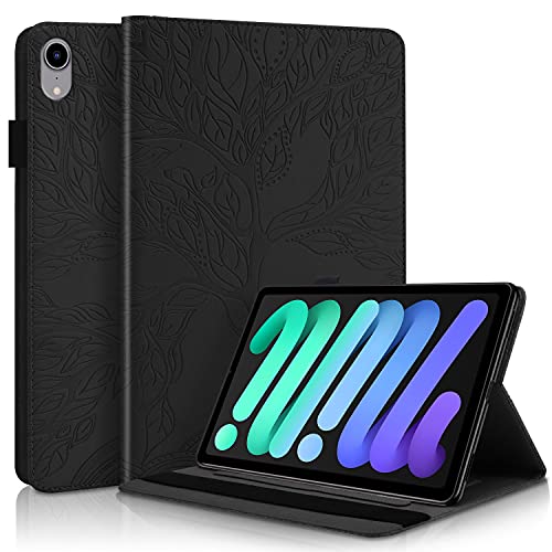 GXLONG Ooboom Hülle für iPad Mini6 2021, Leben Baum Muster Flip Smart Cover PU Leder Schutzhülle Tasche Brieftasche Wallet Case Ständer mit Kartenfächer Gummiband - Schwarz von GXLONG