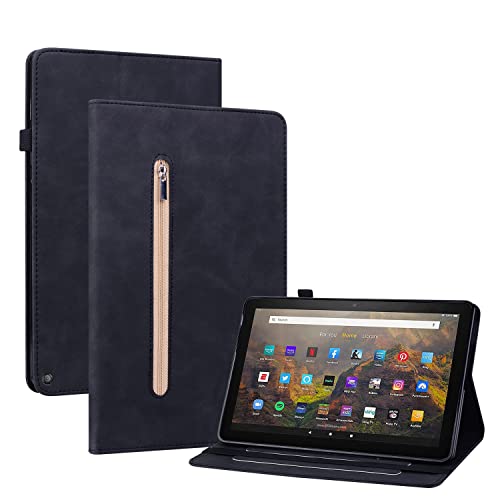 GXLONG Ooboom Reißverschluss Hülle für Fire HD 8 2020/Fire HD 8 Plus Tablet 2020, Flip Smart Cover PU Leder Schutzhülle Tasche Brieftasche Wallet Case Ständer Kartenfächer Gummiband - Schwarz von GXLONG