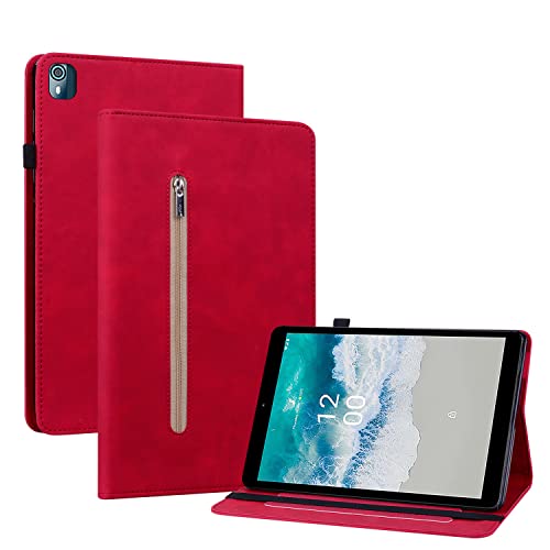 GXLONG Ooboom Reißverschluss Hülle für Nokia T10, Flip Smart Cover PU Leder Schutzhülle Tasche Brieftasche Wallet Case Ständer Kartenfächer Gummiband - Rot von GXLONG