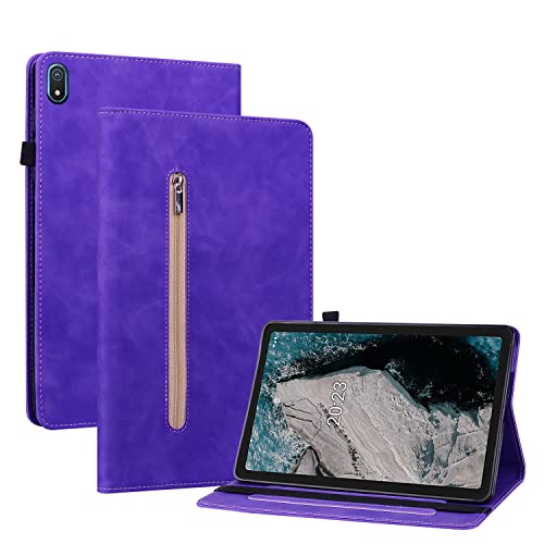 GXLONG Ooboom Reißverschluss Hülle für Nokia T20 Tablet, Flip Smart Cover PU Leder Schutzhülle Tasche Brieftasche Wallet Case Ständer Kartenfächer Gummiband - Lila von GXLONG