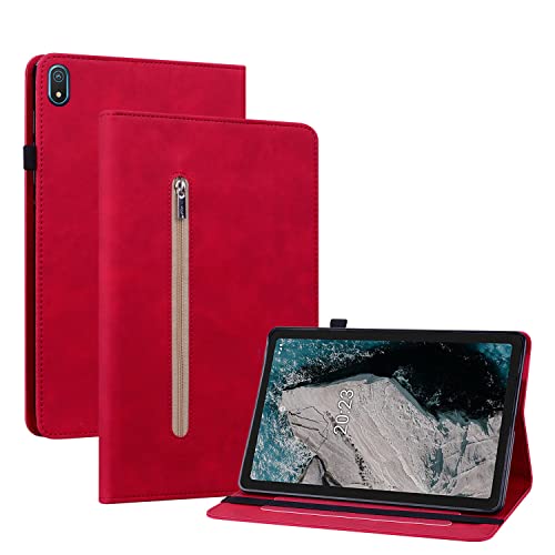 GXLONG Ooboom Reißverschluss Hülle für Nokia T20 Tablet, Flip Smart Cover PU Leder Schutzhülle Tasche Brieftasche Wallet Case Ständer Kartenfächer Gummiband - Rot von GXLONG