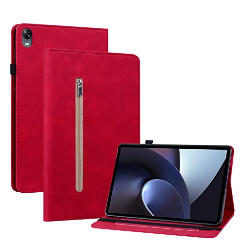 GXLONG Ooboom Reißverschluss Hülle für Oppo Pad, Flip Smart Cover PU Leder Schutzhülle Tasche Brieftasche Wallet Case Ständer Kartenfächer Gummiband - Rot von GXLONG