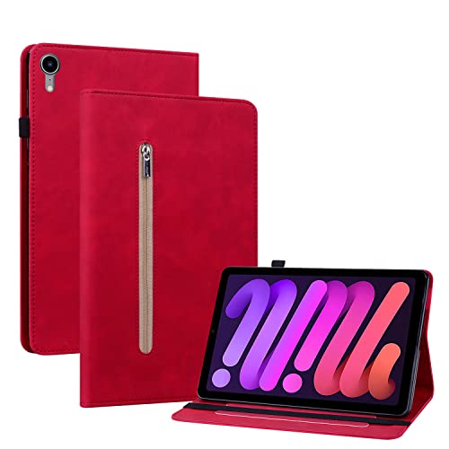 GXLONG Ooboom Reißverschluss Hülle für iPad Mini6 2021, Flip Smart Cover PU Leder Schutzhülle Tasche Brieftasche Wallet Case Ständer Kartenfächer Gummiband - Rot von GXLONG
