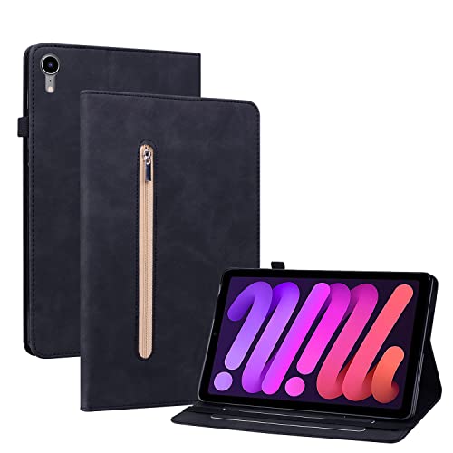 GXLONG Ooboom Reißverschluss Hülle für iPad Mini6 2021, Flip Smart Cover PU Leder Schutzhülle Tasche Brieftasche Wallet Case Ständer Kartenfächer Gummiband - Schwarz von GXLONG