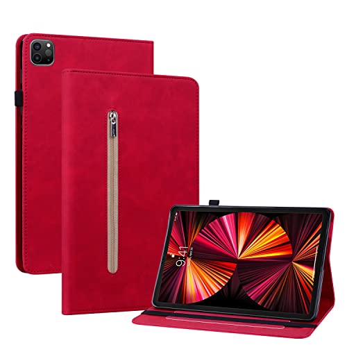 GXLONG Ooboom Reißverschluss Hülle für iPad Pro 12,9" 2021/2020/2018, Flip Smart Cover PU Leder Schutzhülle Tasche Brieftasche Wallet Case Ständer Kartenfächer Gummiband - Rot von GXLONG