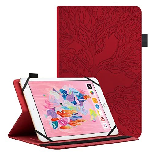 GXLONG Ooboom Universal Hülle für 8" Zoll Android Tablets, Leben Baum Muster Flip Smart Cover PU Leder Schutzhülle Tasche Brieftasche Wallet Case Ständer mit Kartenfächer Gummiband - Rot von GXLONG