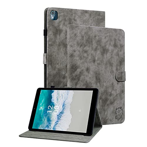 Ooboom Hülle für Nokia T10, Süßer Tiger Magnetische Flip Folio Smart Cover PU Leder Schutzhülle Tasche Brieftasche Wallet Case Ständer Kartenfächer - Grau von GXLONG