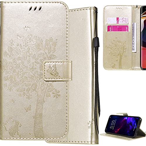 Ooboom Hülle für OnePlus Nord 2T 5G, Katze Baum Muster Flip PU Leder Schutzhülle Handy Tasche Case Cover Standfunktion mit Kartenfächer - Gold von GXLONG