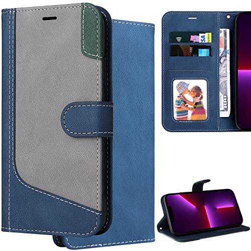 Ooboom Hülle für Samsung Galaxy S7 Edge, Magnetische Flip Folio Handy Tasche Cover Faux Leder Brieftasche Schutzhülle Protection Case Kickstand mit Kartenfach Trageschlaufe - Blau Grau von GXLONG