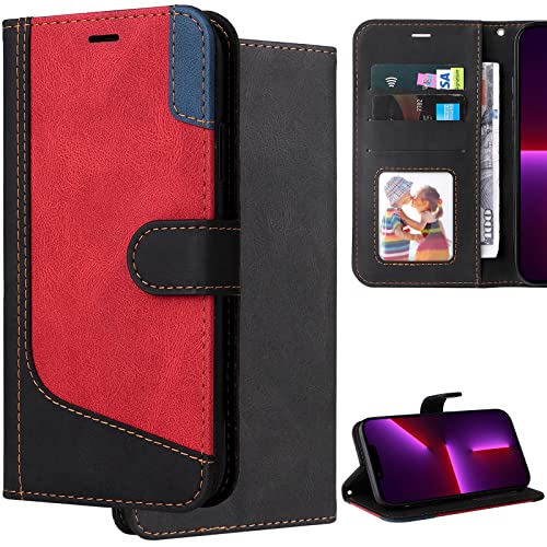Ooboom Hülle für Samsung Galaxy S7 Edge, Magnetische Flip Folio Handy Tasche Cover Faux Leder Brieftasche Schutzhülle Protection Case Kickstand mit Kartenfach Trageschlaufe - Schwarz Rot von GXLONG