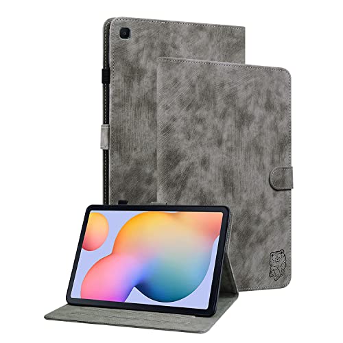 Ooboom Hülle für Samsung Galaxy Tab S6 Lite, Süßer Tiger Magnetische Flip Folio Smart Cover PU Leder Schutzhülle Tasche Brieftasche Wallet Case Ständer Kartenfächer - Grau von GXLONG