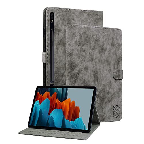 Ooboom Hülle für Samsung Galaxy Tab S7+ Plus/Tab S7 FE/Tab S8+ Plus, Süßer Tiger Magnetische Flip Folio Smart Cover PU Leder Schutzhülle Tasche Brieftasche Wallet Case Ständer Kartenfächer - Grau von GXLONG