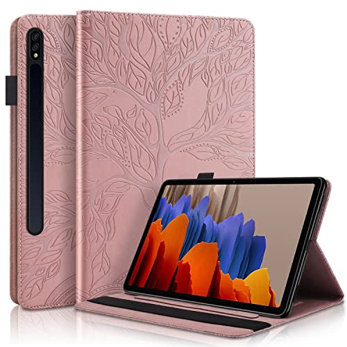 Ooboom Hülle für Samsung Galaxy Tab S7/Tab S8, Leben Baum Muster Flip Smart Cover PU Leder Schutzhülle Tasche Brieftasche Wallet Case Ständer mit Kartenfächer Gummiband - Roségold von GXLONG