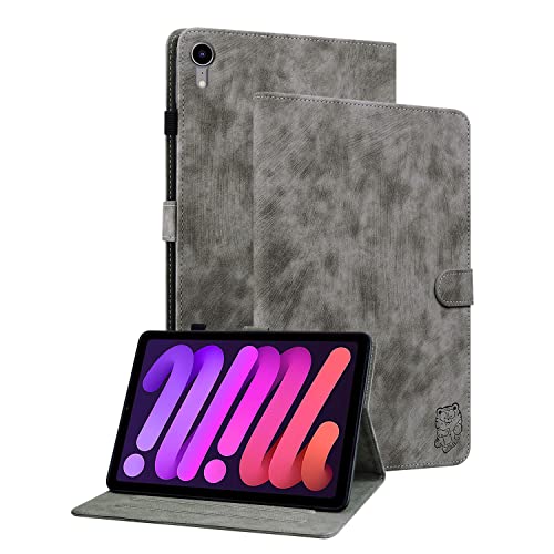 Ooboom Hülle für iPad Mini6 2021, Süßer Tiger Magnetische Flip Folio Smart Cover PU Leder Schutzhülle Tasche Brieftasche Wallet Case Ständer Kartenfächer - Grau von GXLONG
