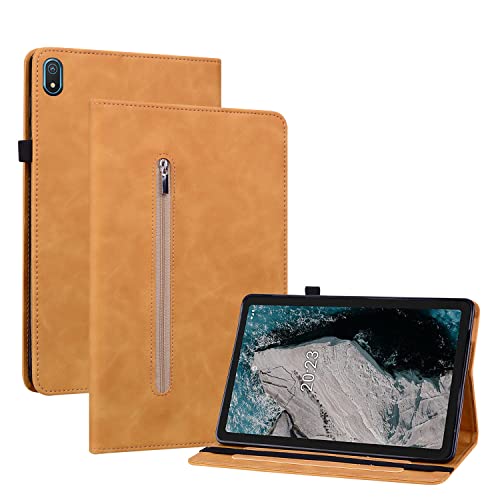 Ooboom Reißverschluss Hülle für Nokia T20 Tablet, Flip Smart Cover PU Leder Schutzhülle Tasche Brieftasche Wallet Case Ständer Kartenfächer Gummiband - Gelb von GXLONG