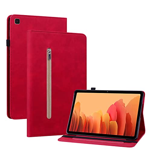 Ooboom Reißverschluss Hülle für Samsung Galaxy Tab A7, Flip Smart Cover PU Leder Schutzhülle Tasche Brieftasche Wallet Case Ständer Kartenfächer Gummiband - Rot von GXLONG