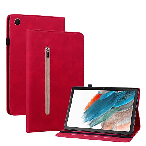 Ooboom Reißverschluss Hülle für Samsung Galaxy Tab A8 10,5", Flip Smart Cover PU Leder Schutzhülle Tasche Brieftasche Wallet Case Ständer Kartenfächer Gummiband - Rot von GXLONG