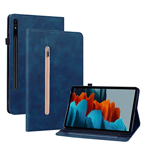 Ooboom Reißverschluss Hülle für Samsung Galaxy Tab S7+ Plus/Tab S7 FE/Tab S8+ Plus, Flip Smart Cover PU Leder Schutzhülle Tasche Brieftasche Wallet Case Ständer Kartenfächer Gummiband - Dunkelblau von GXLONG