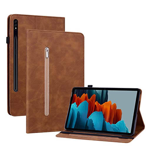 Ooboom Reißverschluss Hülle für Samsung Galaxy Tab S7+ Plus/Tab S7 FE/Tab S8+ Plus, Flip Smart Cover PU Leder Schutzhülle Tasche Brieftasche Wallet Case Ständer Kartenfächer Gummiband - Braun von GXLONG