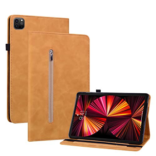 Ooboom Reißverschluss Hülle für iPad Pro 12,9" 2021/2020/2018, Flip Smart Cover PU Leder Schutzhülle Tasche Brieftasche Wallet Case Ständer Kartenfächer Gummiband - Gelb von GXLONG