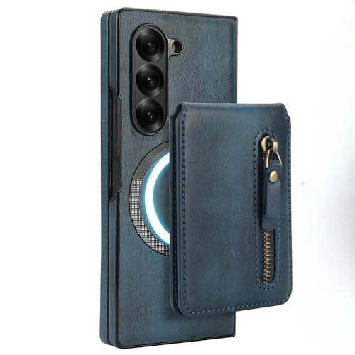 Abnehmbare Brieftasche mit Kartenhalter, magnetische Hülle für Samsung Galaxy Z Fold 6 5 4 3, Leder-Reißverschlusshülle, Blau, für Samsung Z Fold 6 von GXZJFC