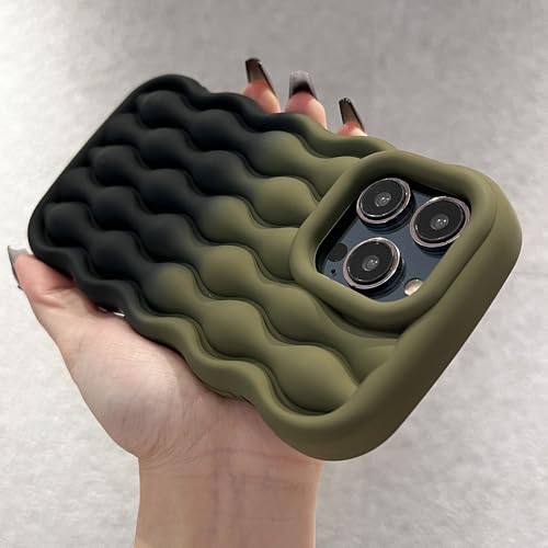 GXZJFC Farbverlauf Bunte 3D-Wellenmuster Weiche Silikon-Telefonhülle für iPhone 11 12 13 14 15 Pro Max Stoßfeste Stoßstangen-Luftblasenabdeckung, Grün Schwarz, Für iPhone 12 von GXZJFC