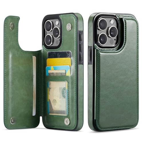 GXZJFC Für iPhone 15 14 Plus 13 12 11 Pro Max Brieftaschenhülle mit Kartenhalter, PU-Leder, Ständer, Kartenfächer, doppelter Magnetverschluss, Dunkelgrün, für iPhone 14ProMax (6,7 Zoll) von GXZJFC